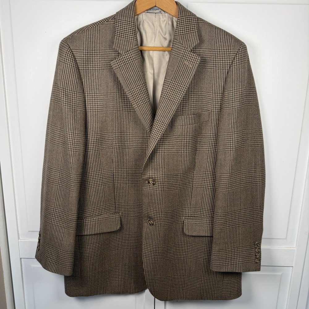 Ralph Lauren Men's Vintage Two Button Blazer 42R Tan Houndstooth Lambswool‎